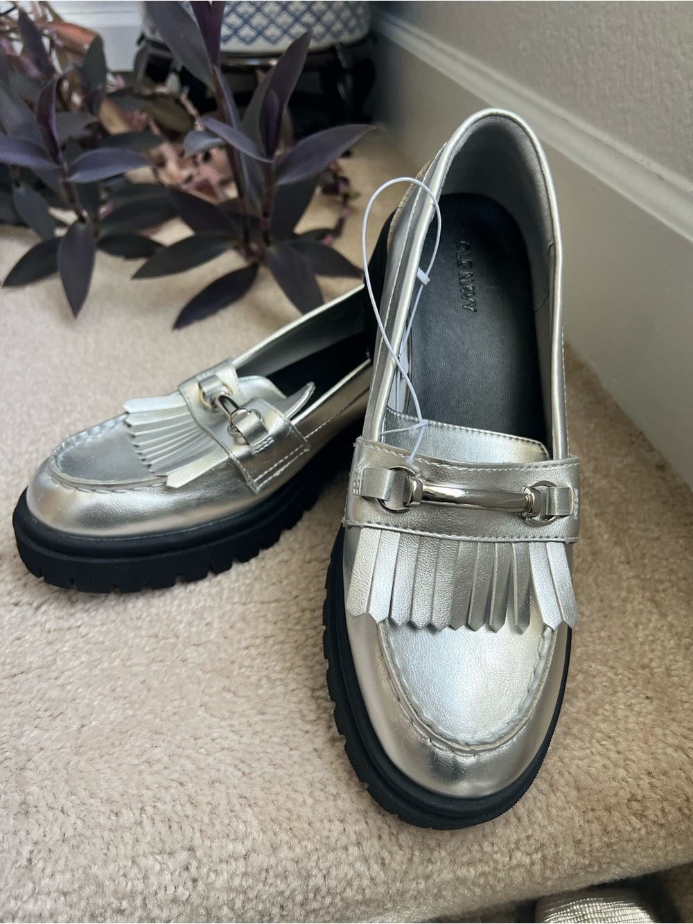 Old Navy Silver Metallic Fringe Loafers with Black Lug Sole